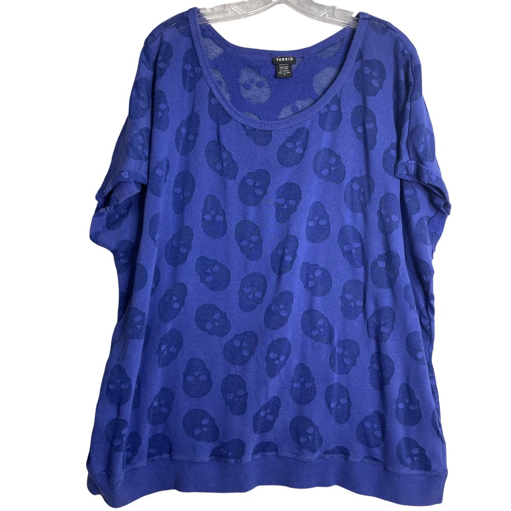 Torrid Skull Shirt Women 3X Blue Purple Knit Slouchy Oversized Knit Short Sleeve